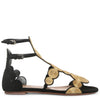 Black suede gold raffia flat sandals