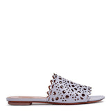 Grey leather laser-cut slide sandals