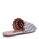 Grey leather laser-cut slide sandals