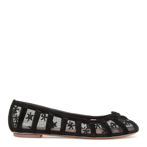 Black suede flower mesh ballerinas