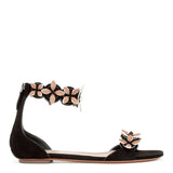 Black suede flower flat sandals
