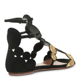 Black suede gold raffia flat sandals