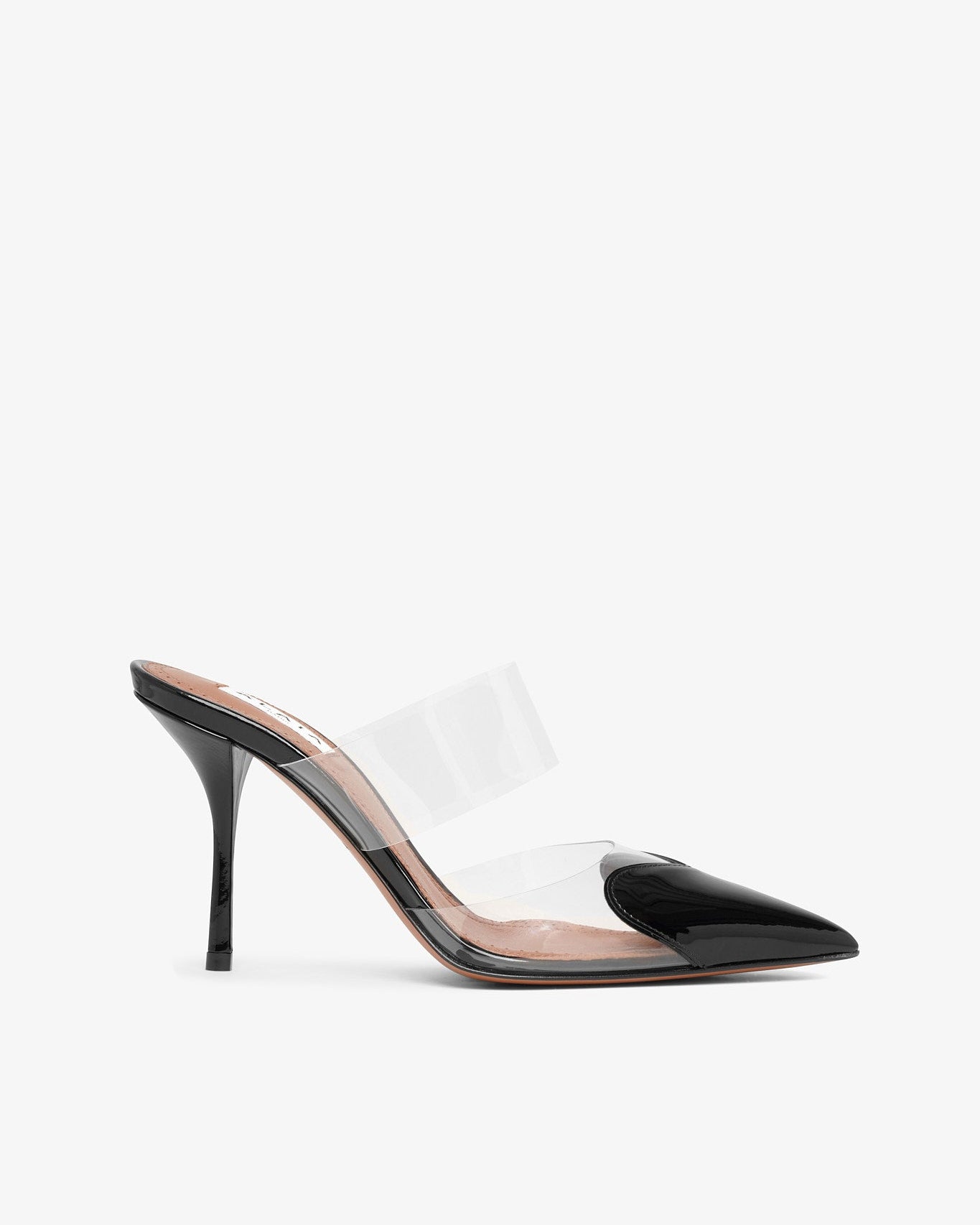 Black high-heeled shoe with clear strap on a white background