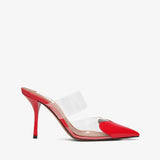 Red high-heeled shoe with clear strap on a white background