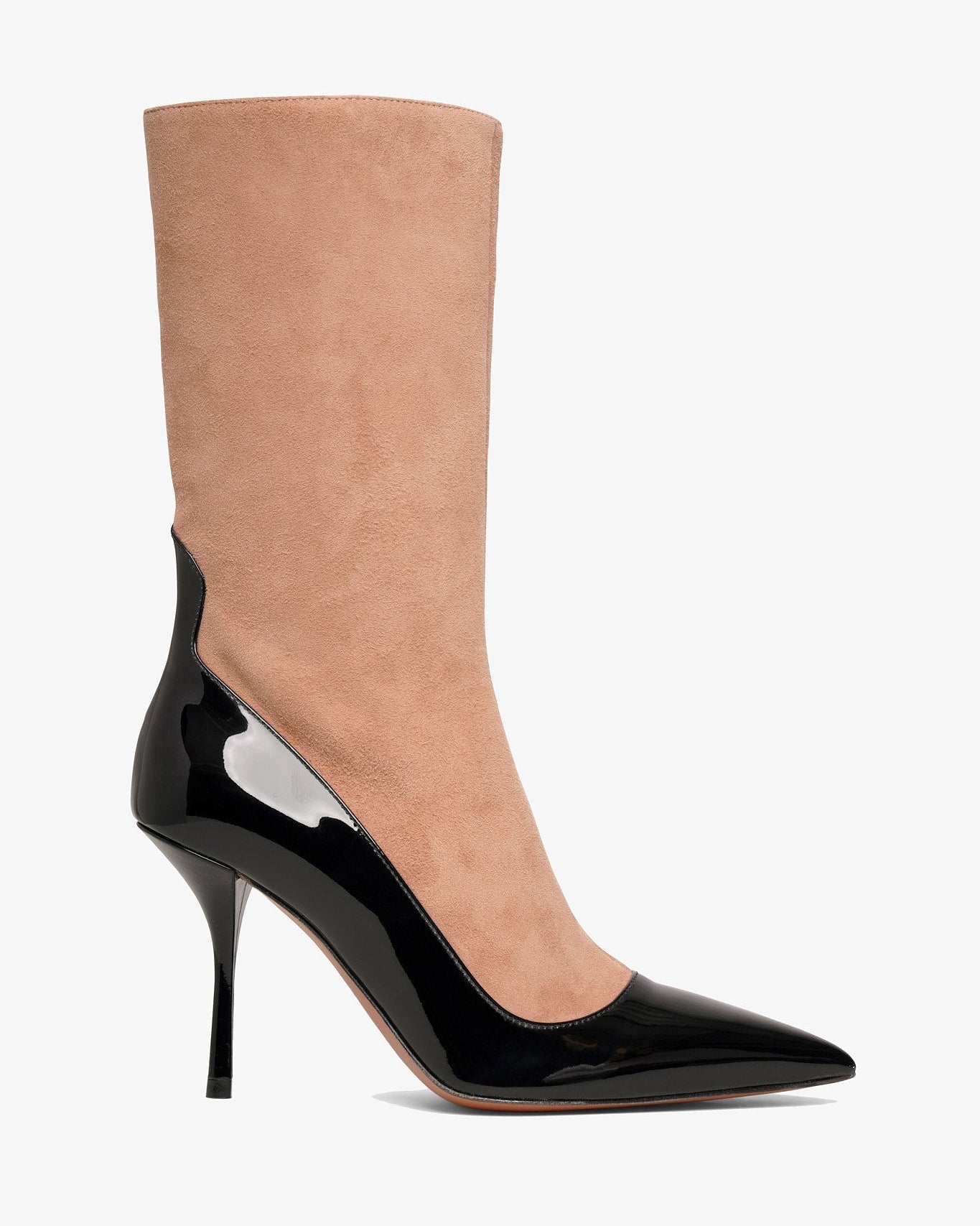 Tan knee-high boot with a black stiletto heel on a white background