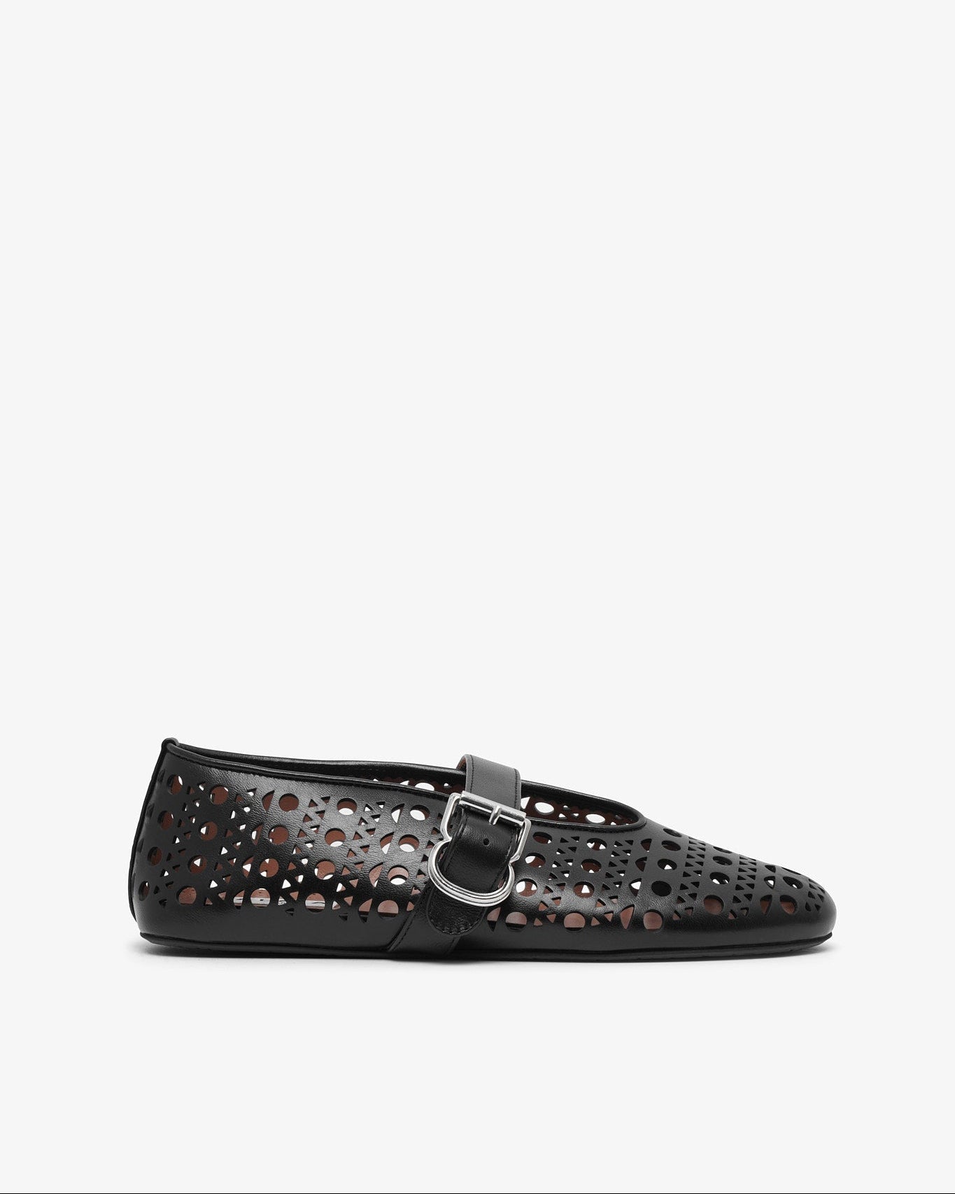 Black perforated shoe with a buckle on a white background