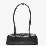 Black handbag with a bow detail on a white background