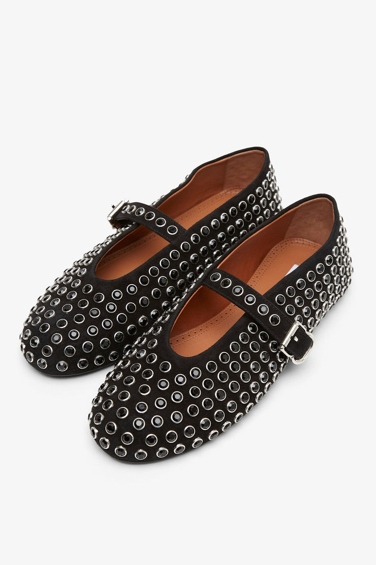 Embellished black suede ballet flats