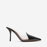 Black high-heeled shoe on a white background