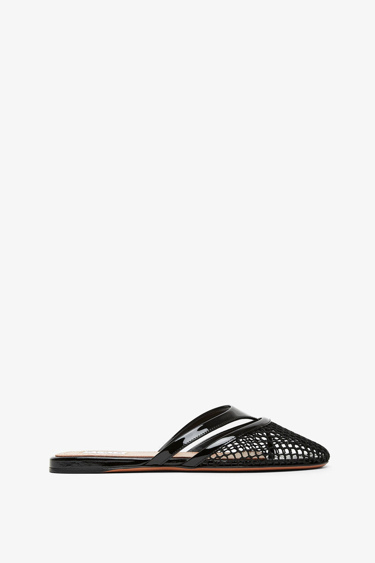 Black mesh mule flats