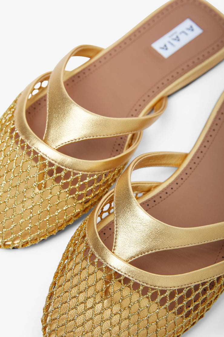 Gold mesh mule flats