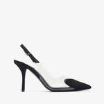 Black high-heeled shoe with clear strap on a white background