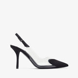 Black high-heeled shoe with clear strap on a white background