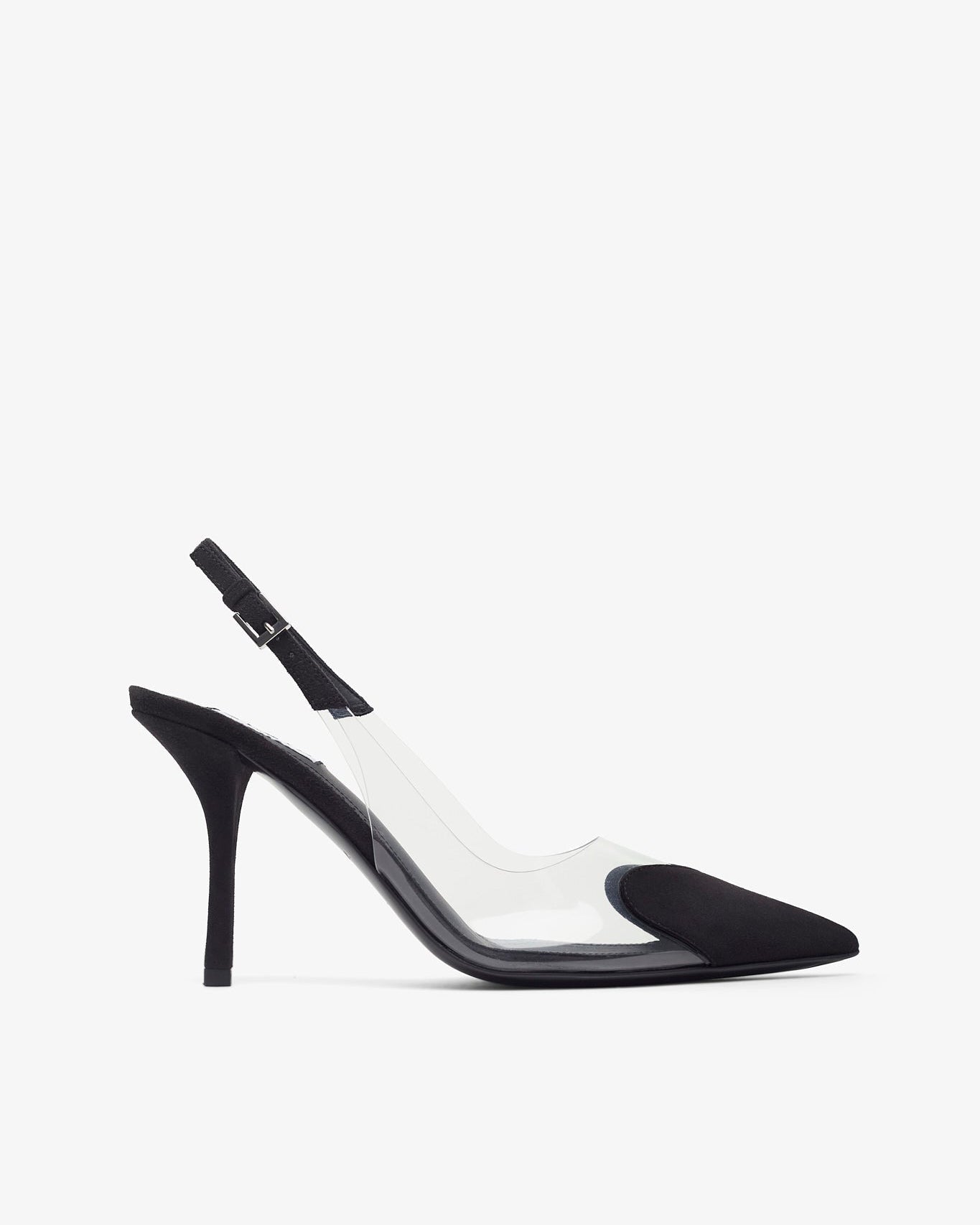 Black high-heeled shoe with clear strap on a white background