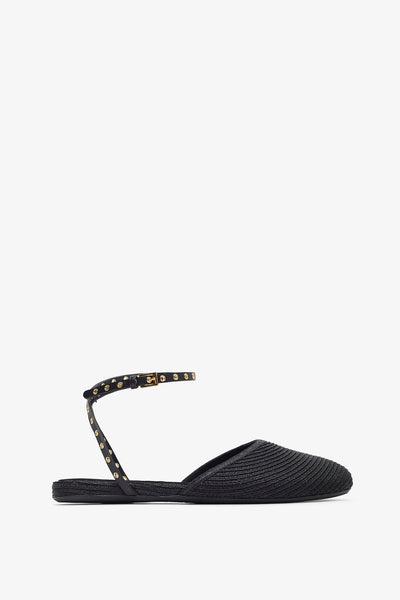 Paper straw black flat sandals