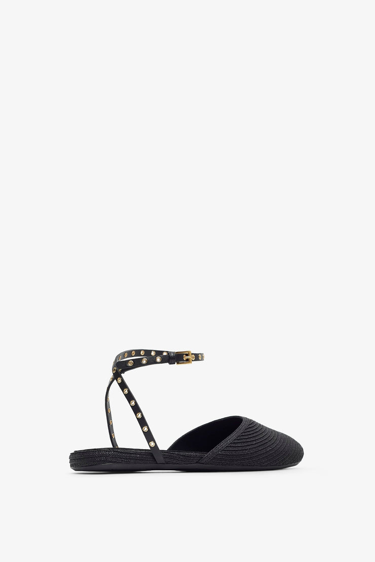 Paper straw black flat sandals
