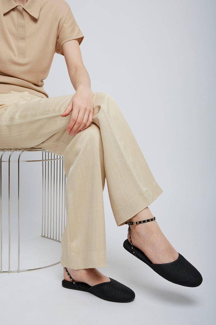 Paper straw black flat sandals