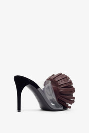 Asymmetric suede pom pom sandals