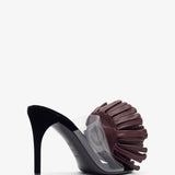 Asymmetric suede pom pom sandals