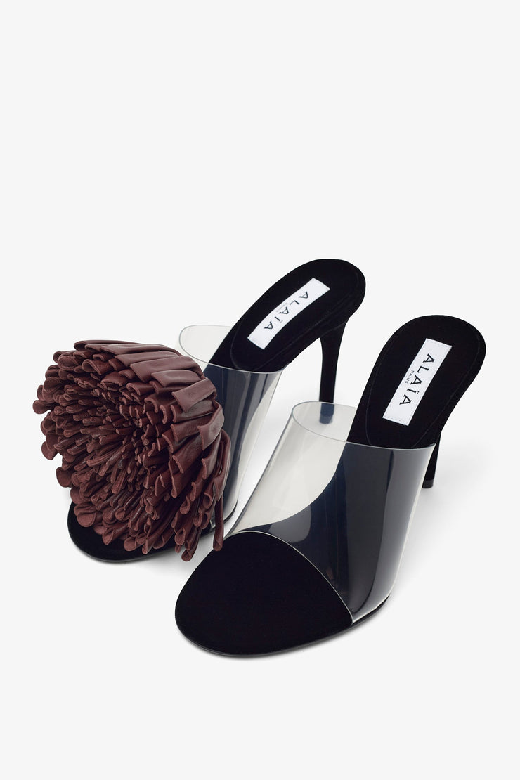 Asymmetric suede pom pom sandals