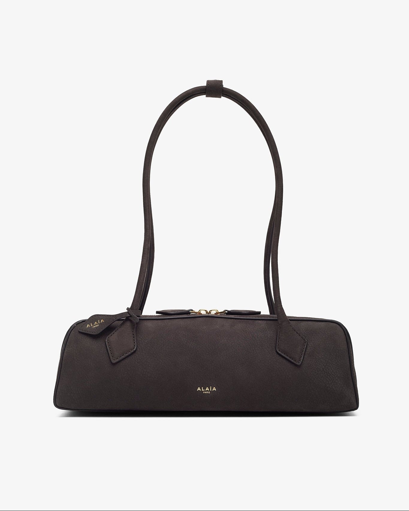 Black handbag with a strap on a white background