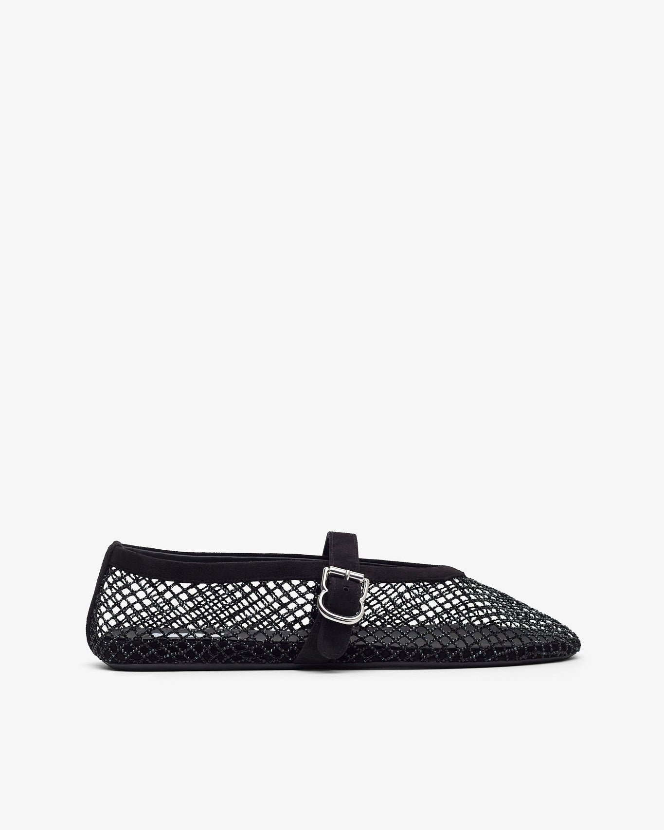 Black mesh ballet flat shoe on a white background