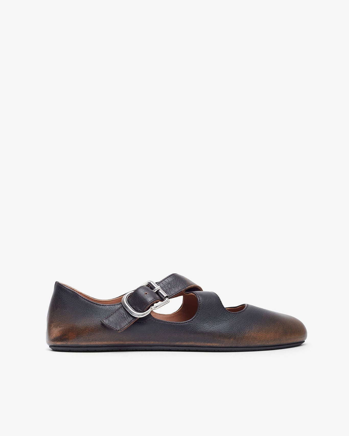 Brown leather shoe with a strap on a white background
