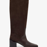 Brown knee-high boot on a white background