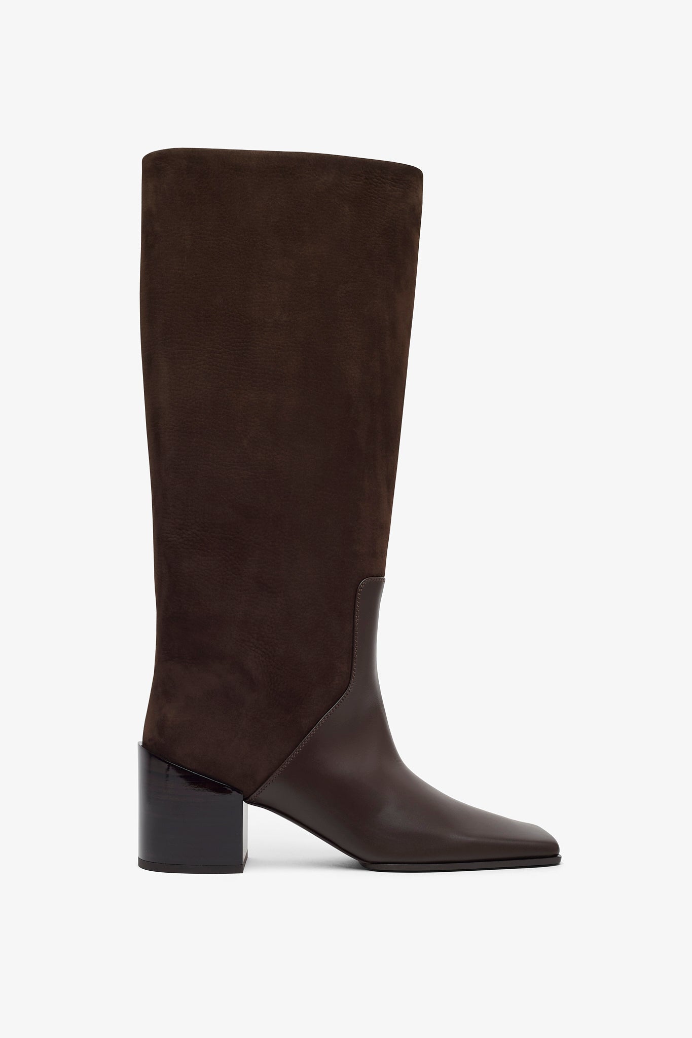 Brown knee-high boot on a white background