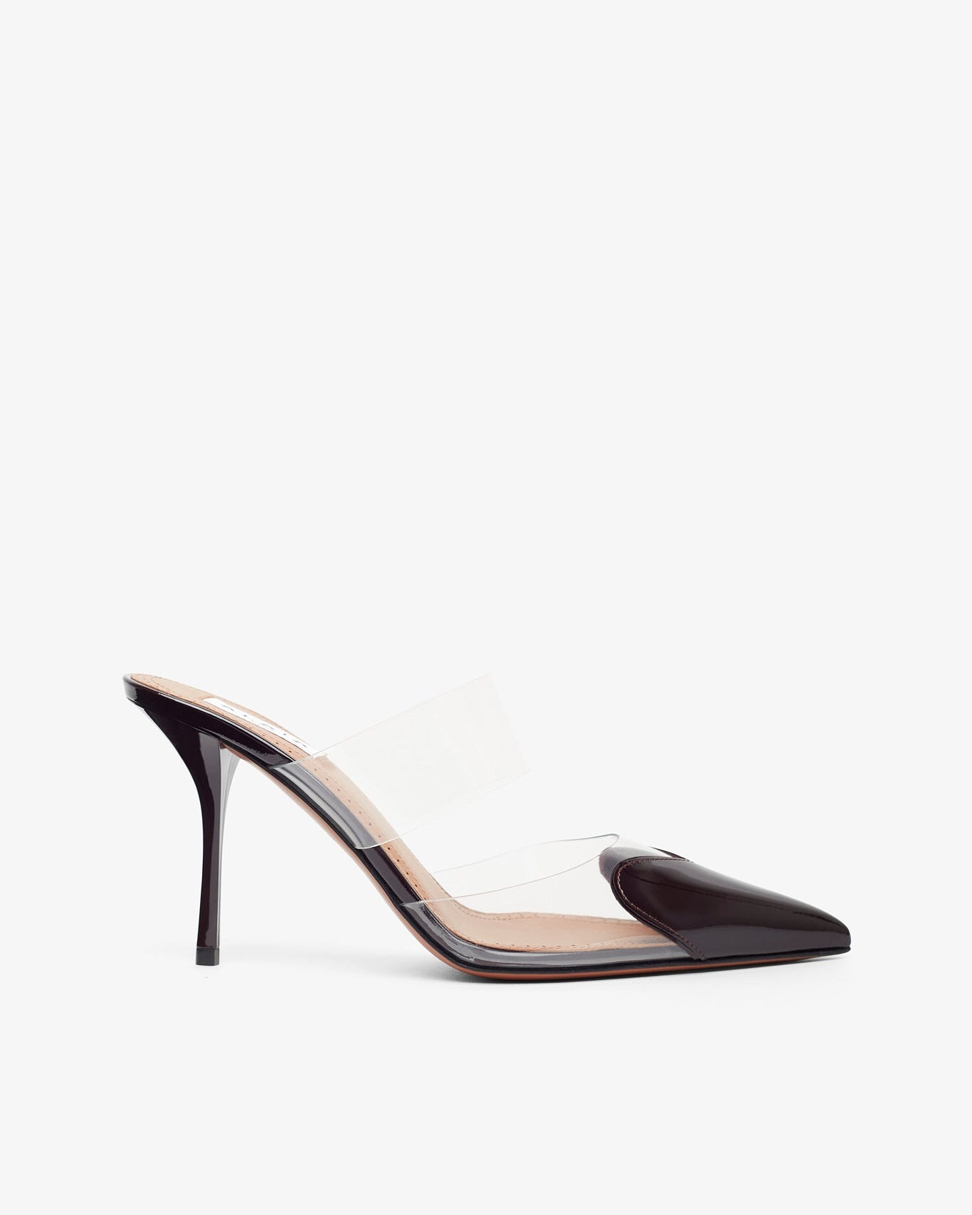 Black high-heeled shoe on a white background
