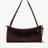 Brown leather handbag with a strap on a white background