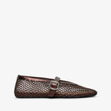 Brown mesh flat shoe with a buckle on a white background