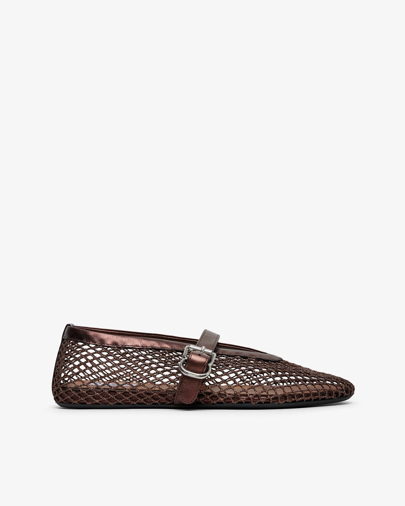 Brown mesh flat shoe with a buckle on a white background