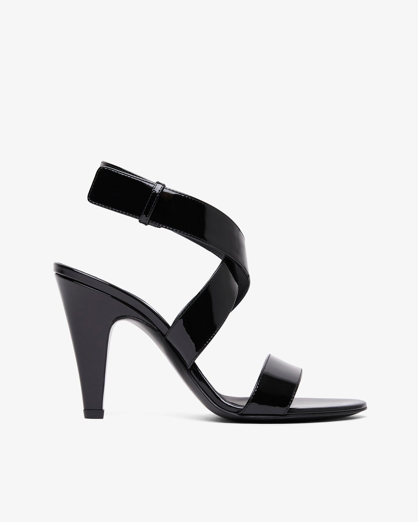 Black high-heeled sandal on a white background