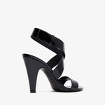 Black high-heeled sandal on a white background