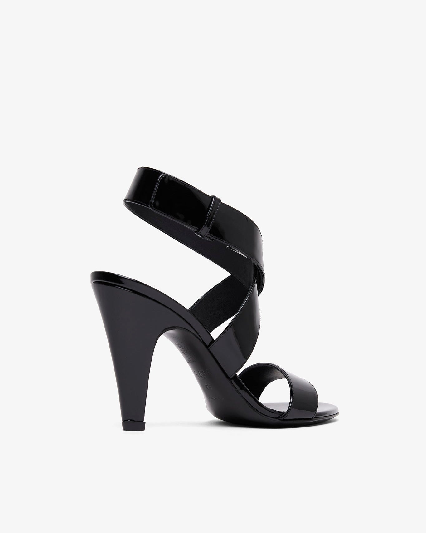 Black high-heeled sandal on a white background
