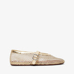 Woven flat shoe with a strap on a white background