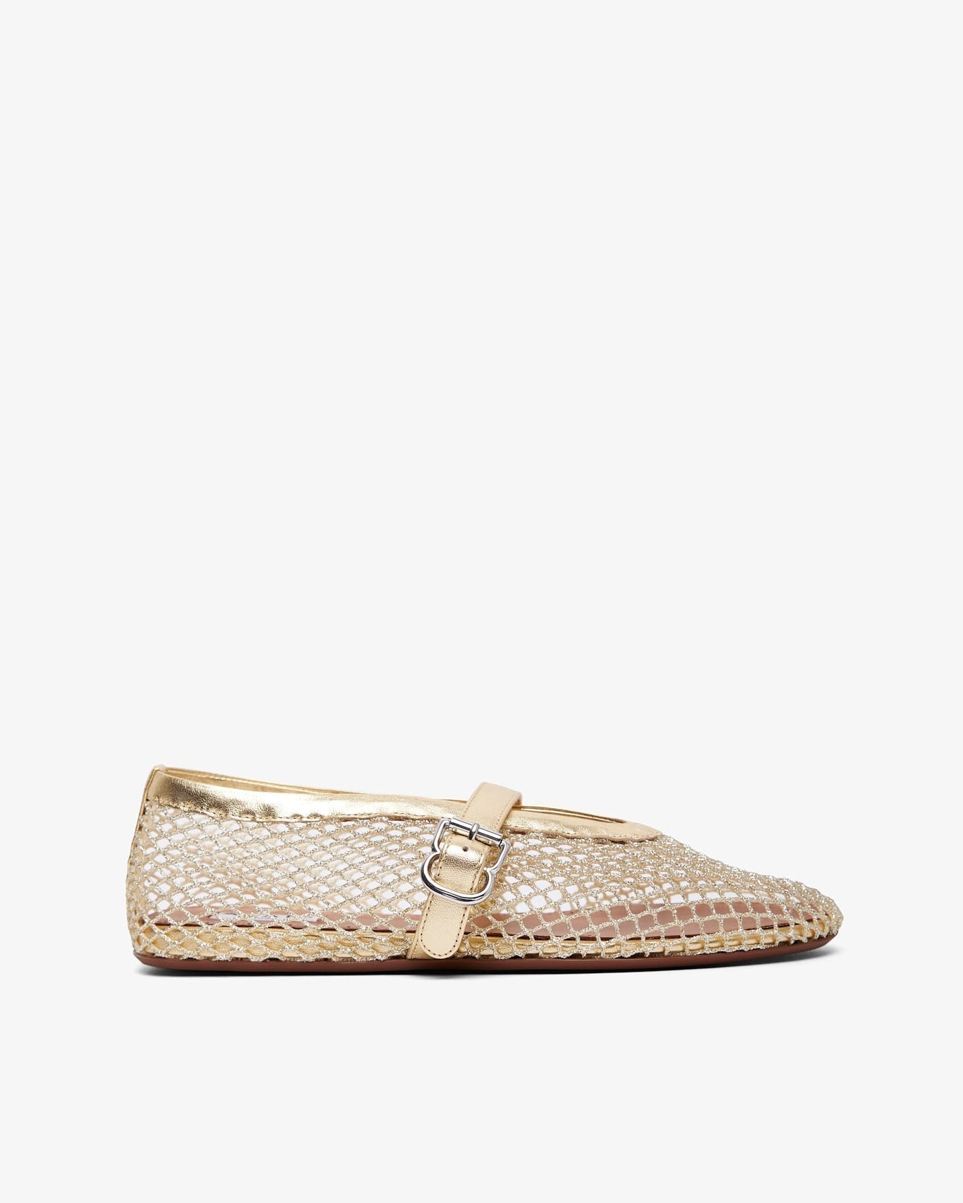 Woven flat shoe with a strap on a white background