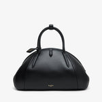 Black leather handbag on a white background
