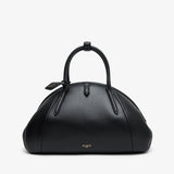 Black leather handbag on a white background