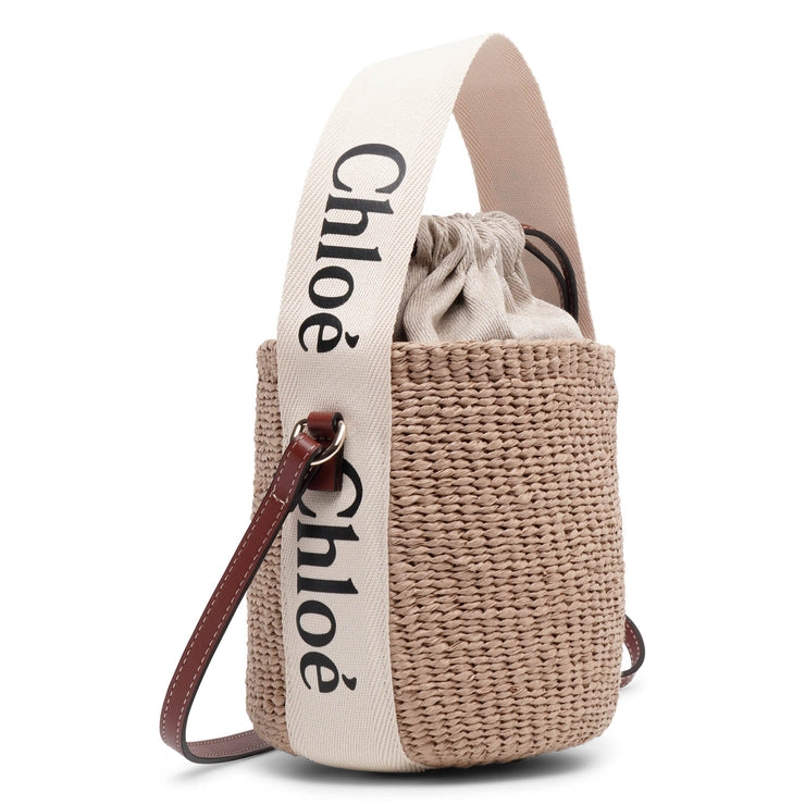 Woody logo white raffia bucket bag