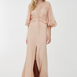 V-neck crepe satin long dress