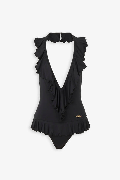 Ruffled v-neck one-piece swimsuit