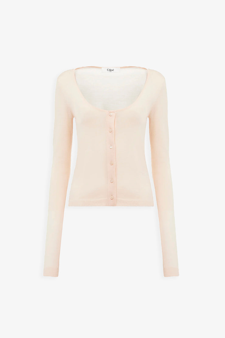 Scoop-neck wool knit fitted cardigan