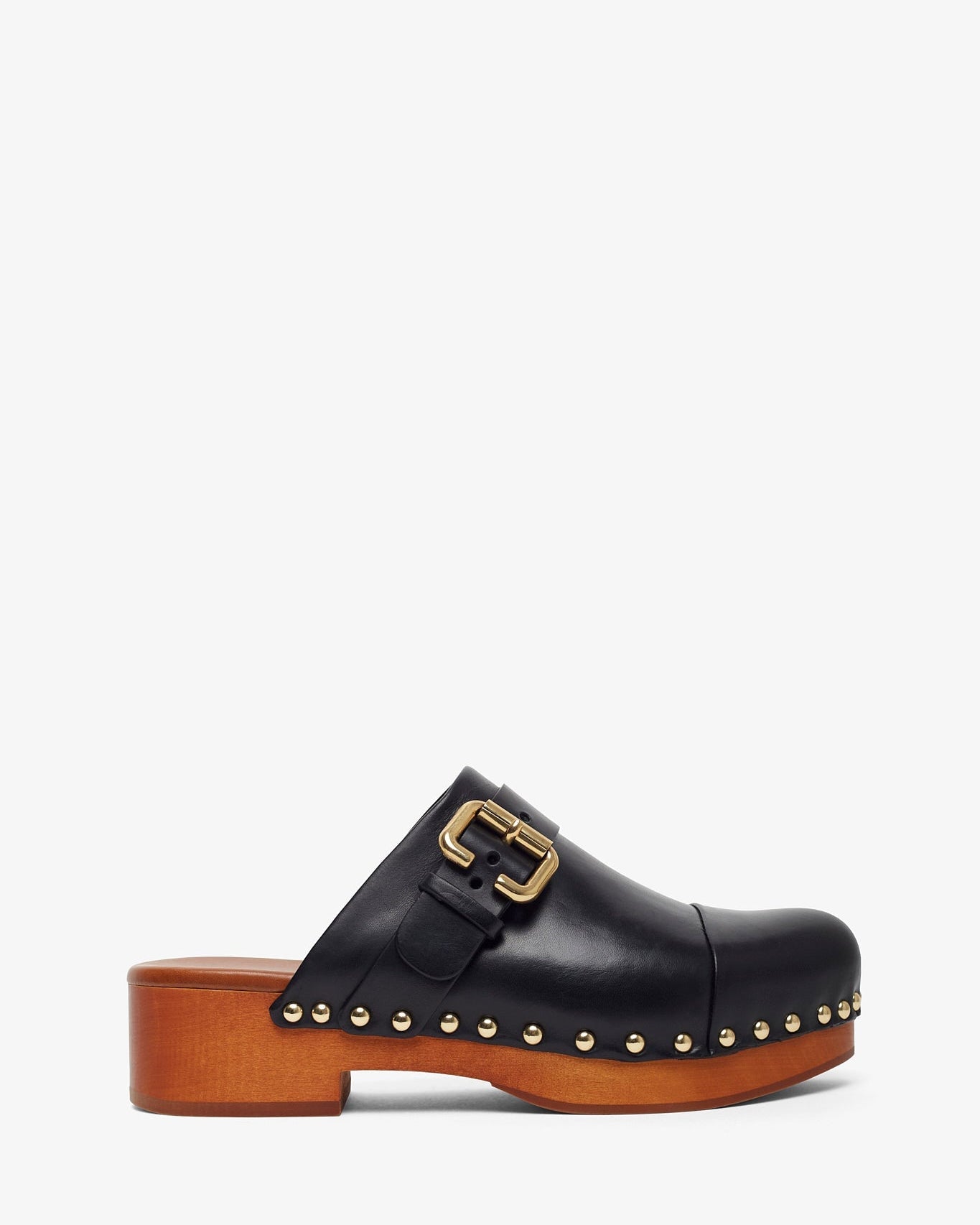 Black clog shoe with gold buckle and wooden sole on a white background
