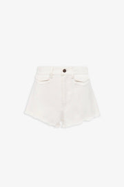 High rise white mini denim shorts