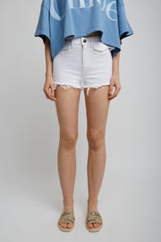 High rise white mini denim shorts