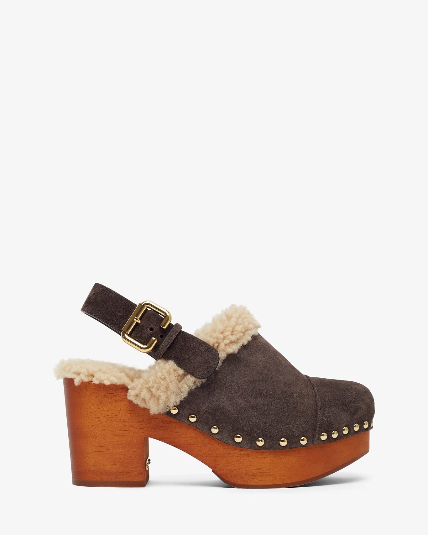 Brown suede clog with wooden sole and shearling trim on a white background
