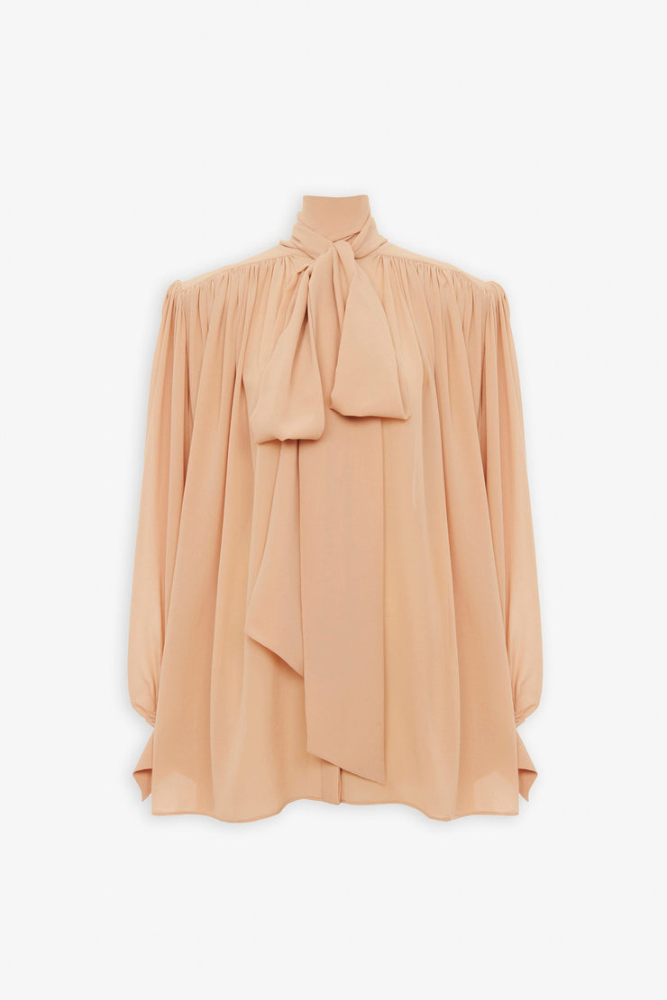 Oversized gathered lavalliere blouse