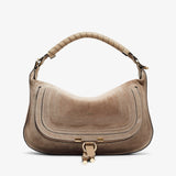 Beige handbag with gold accents on a white background